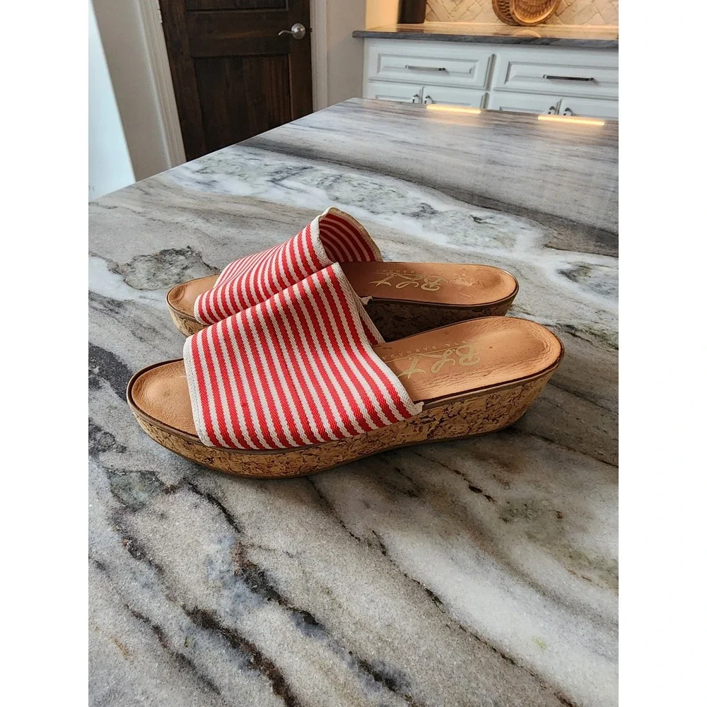 Vintage Y2K Red White Striped Cork Wedge Slide Sandals Womens
